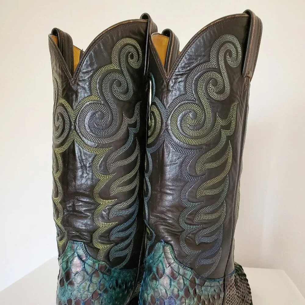 Tony Lama 8 1/2 painted blue green black western cowboy boots python snake skin